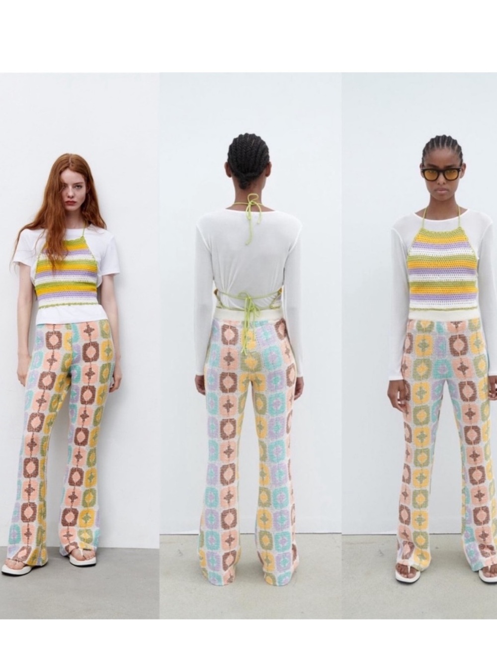 Zara Pastel Crochet Flare Pants — Ivory, Yellow & Brown Patchwork